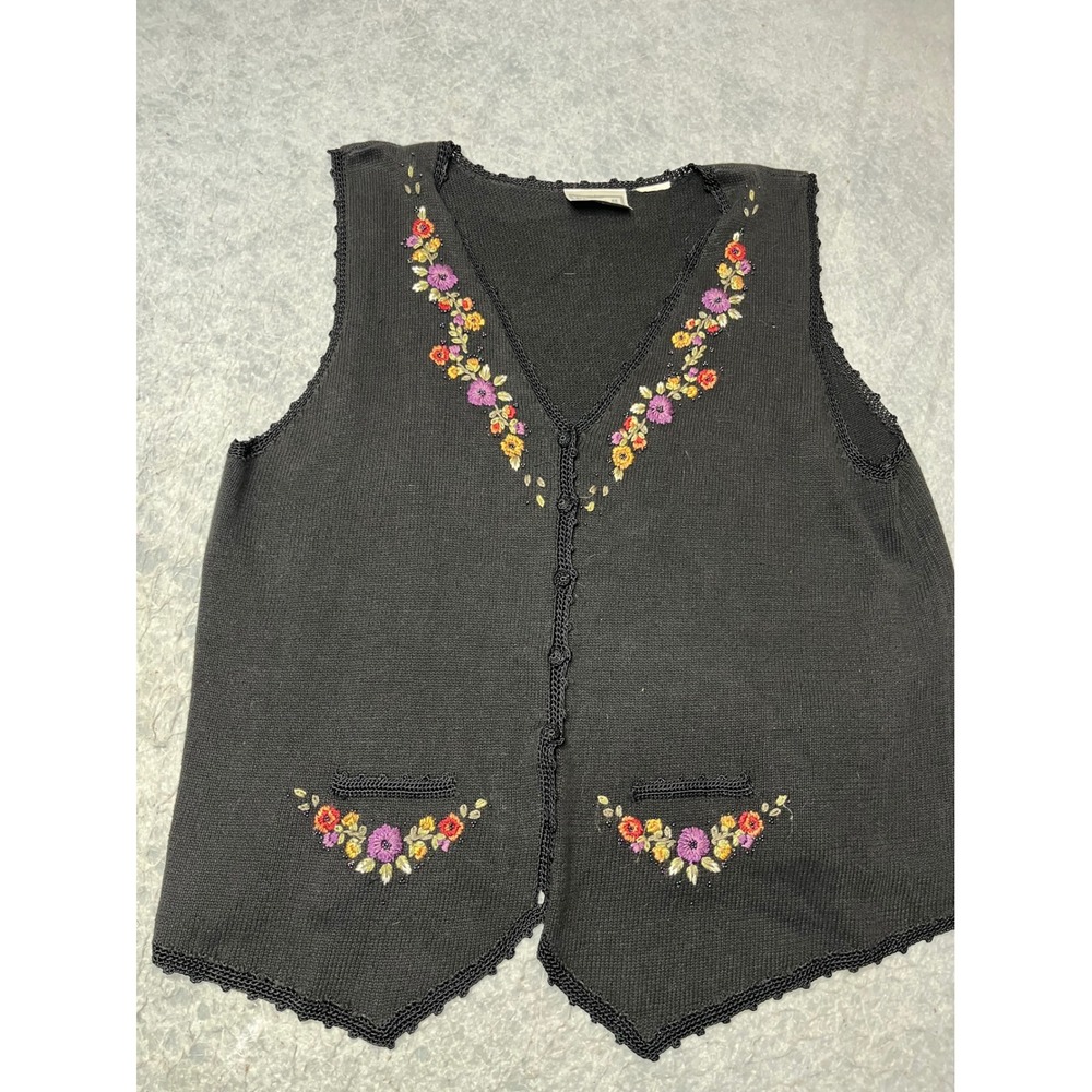 Erika Studio Vintage Black Knit Floral Embroidered‎ Sweater Vest Crochet Trim XL